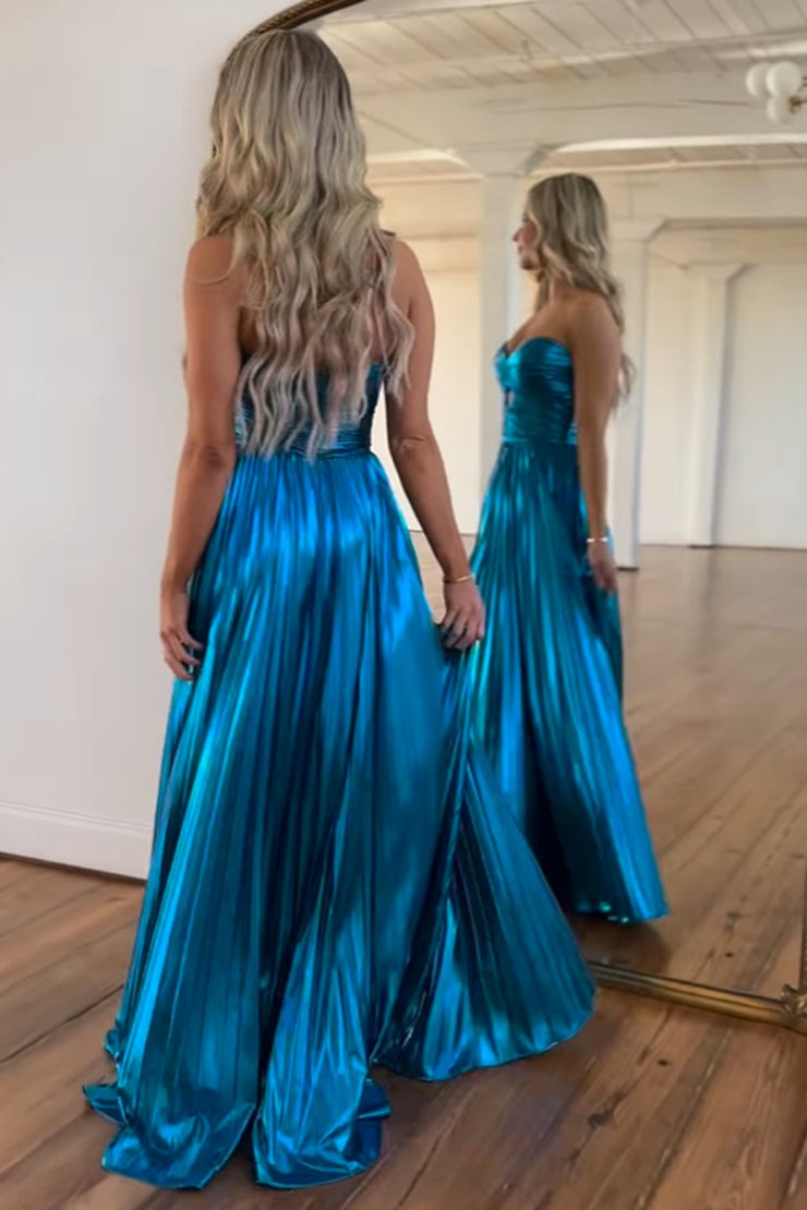 Charming A Line Blue Sweetheart Pleat Prom Dresses