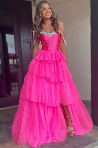 Off the Shoulder Hot Pink A Line Tulle Long Prom Dresses