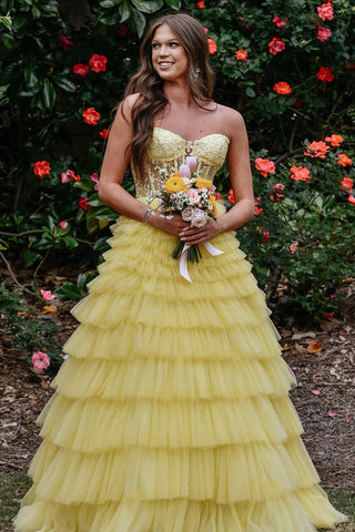 Sweetheart Tiered Tulle Long Yellow Prom Dresses