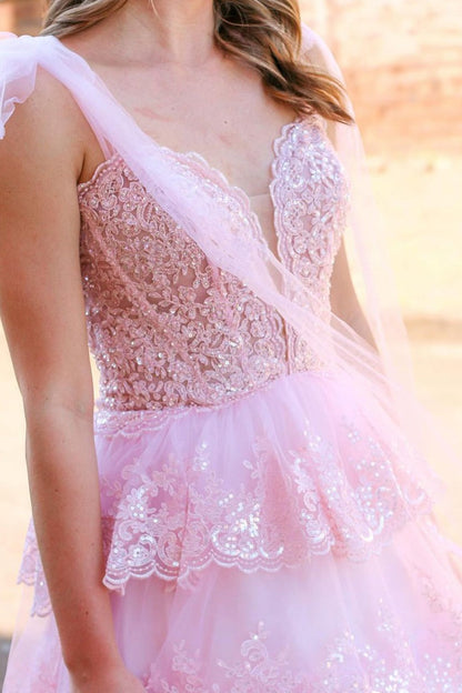 Fairy A Line V Neck Pink Tulle Prom Dresses with Appliques