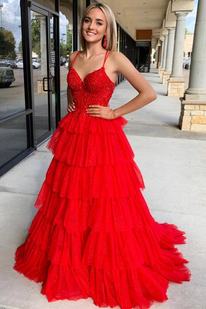 Cute V Neck Red Tiered Tulle Long  A Line Prom Dresses