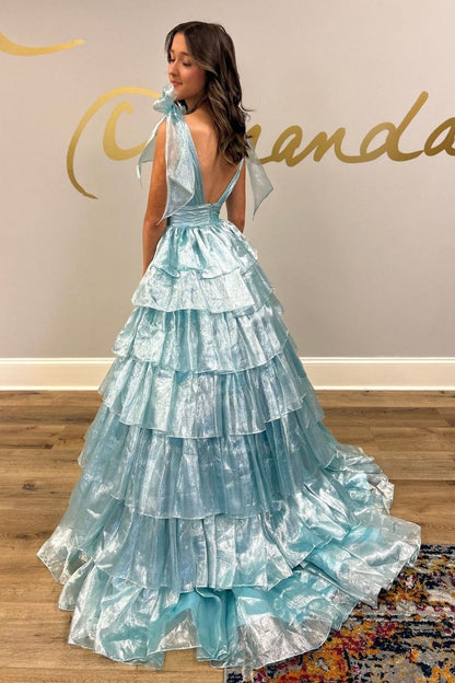 Long Cute Ball Gown Light Blue Ruffle Tiered Prom Dresses,PD2408000