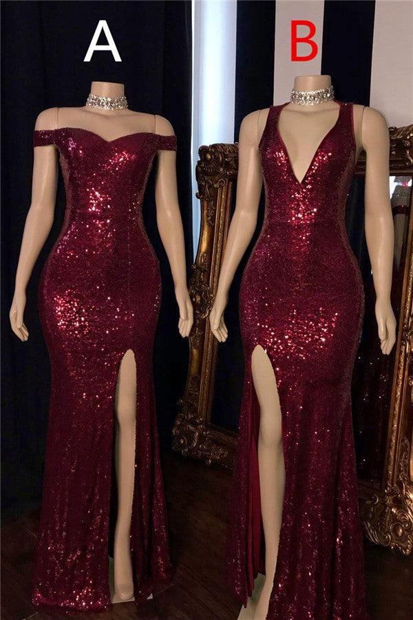 Long Mermaid Burgundy Sequin Prom Dresses Glitter Split Evening Gown