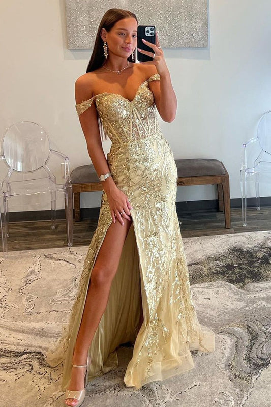 Mermaid Gold Sequin Lace Off The Shoulder Prom Dresses,PD2415000