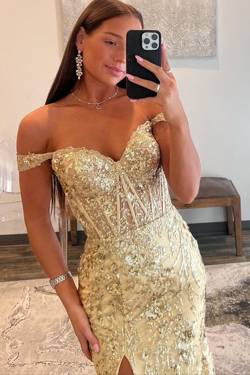 Mermaid Gold Sequin Lace Off The Shoulder Prom Dresses,PD2415000