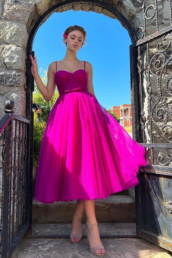 Hot Pink Sweetheart Tea Length Prom Dresses ,Simple Prom Dresses,PD2424000