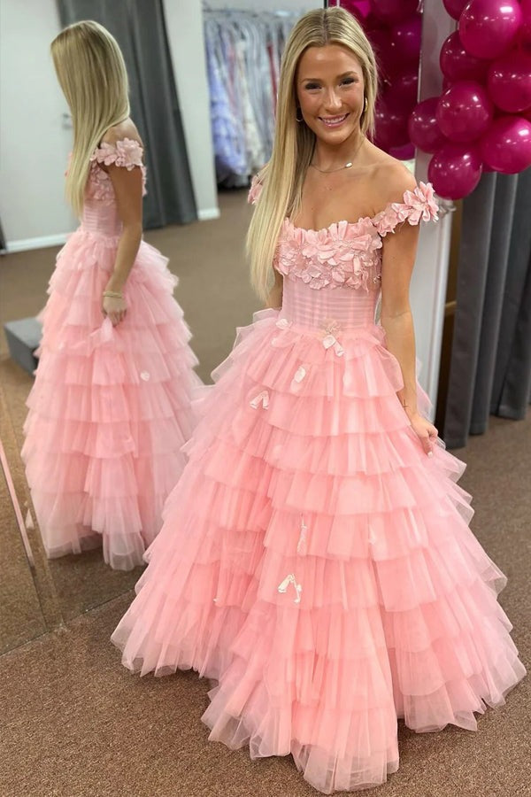 3D Floral Lace Off-the-Shoulder Ruffle Tiered Prom Dresses,PD2426000