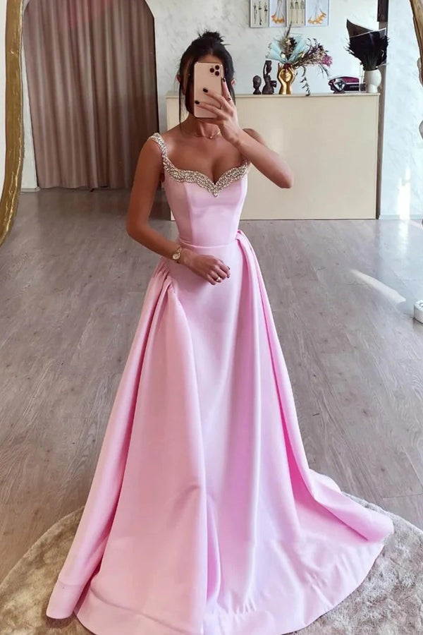 Long Simple A Line Pink Satin Prom Dresses,PD2427000