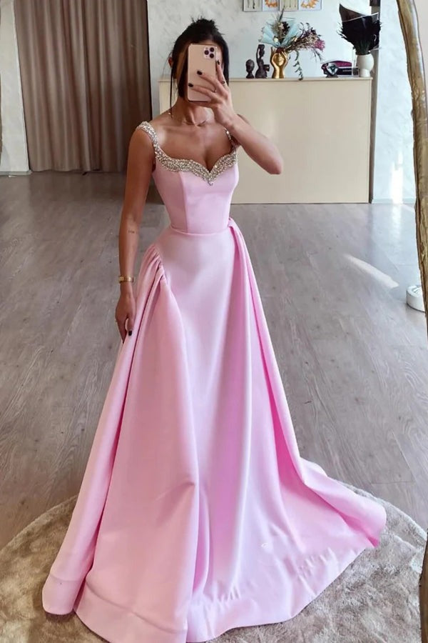 Long Simple A Line Pink Satin Prom Dresses,PD2427000