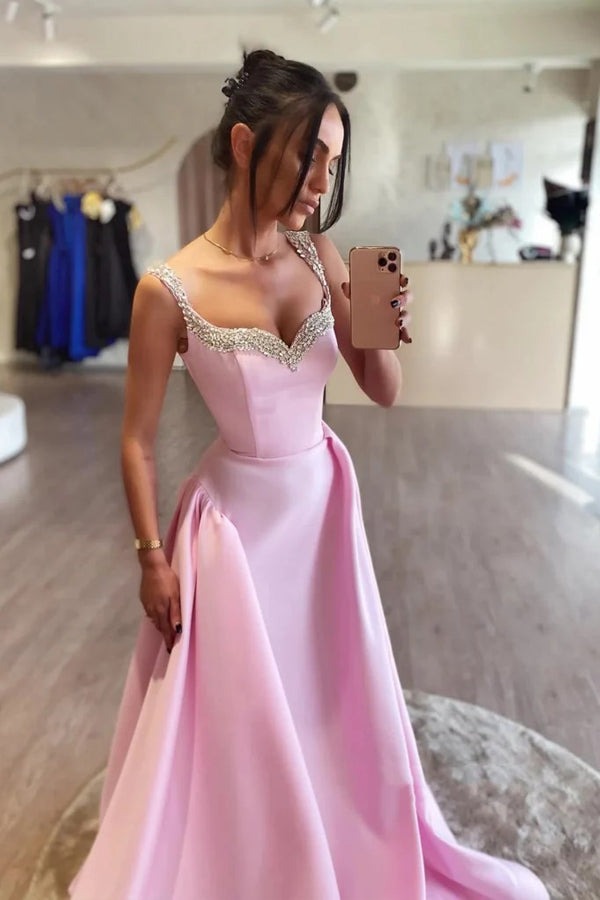 Long Simple A Line Pink Satin Prom Dresses,PD2427000