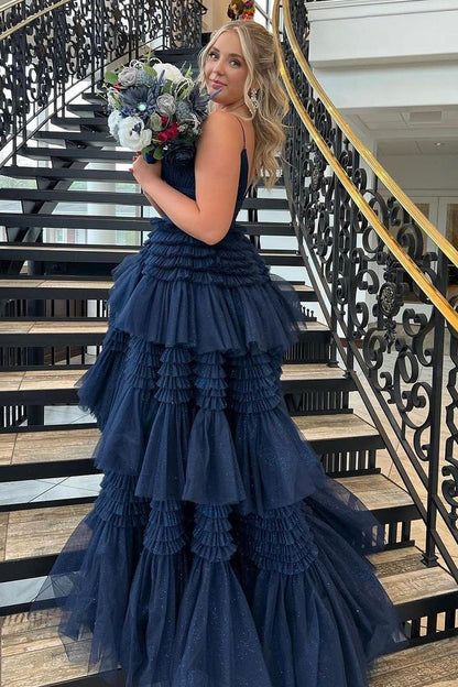 Long Cute A Line Navy Blue Tiered Tulle Prom Dresses,PD2402000