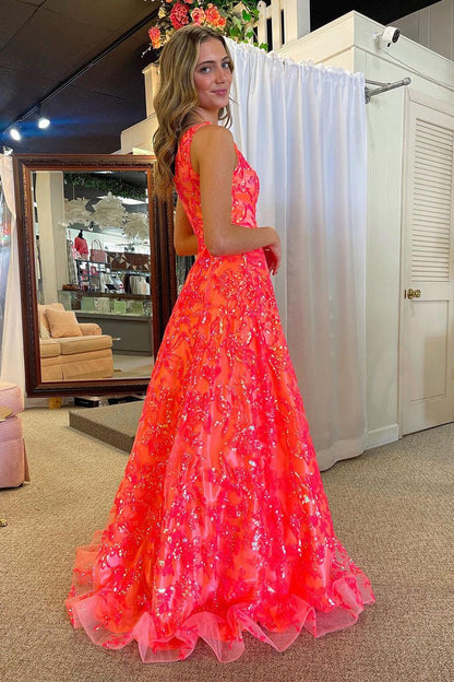 Coral A-Line One Shoulder Lace Long Sequin Prom Dresses,PD2420000