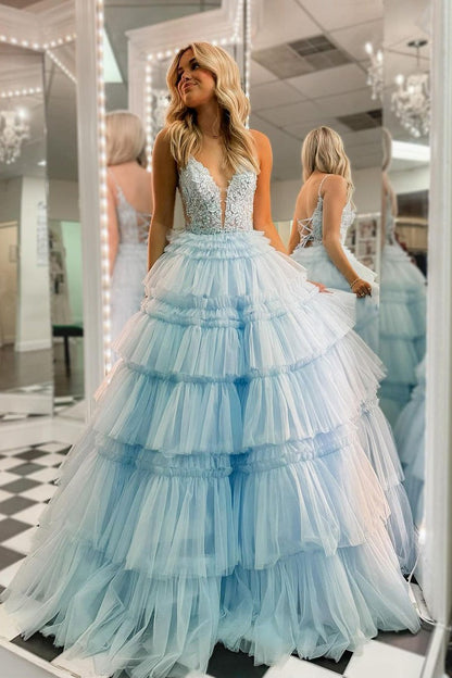 Princess Ball Gown Ruffle Tiered Tulle Sky Blue V Neck Long Prom Dresses,PD2412000