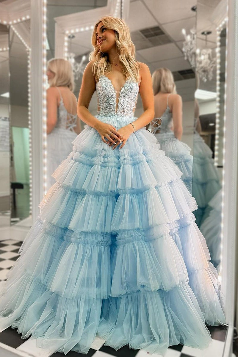 Princess Ball Gown Ruffle Tiered Tulle Sky Blue V Neck Long Prom Dresses,PD2412000