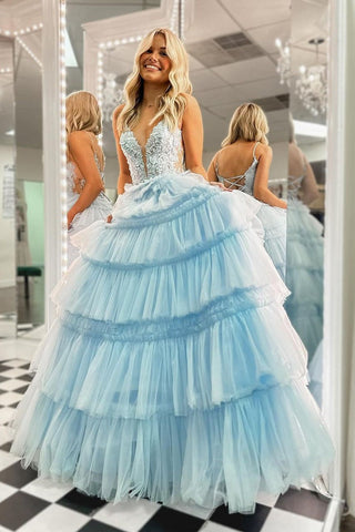 Princess Ball Gown Ruffle Tiered Tulle Sky Blue V Neck Long Prom Dresses,PD2412000