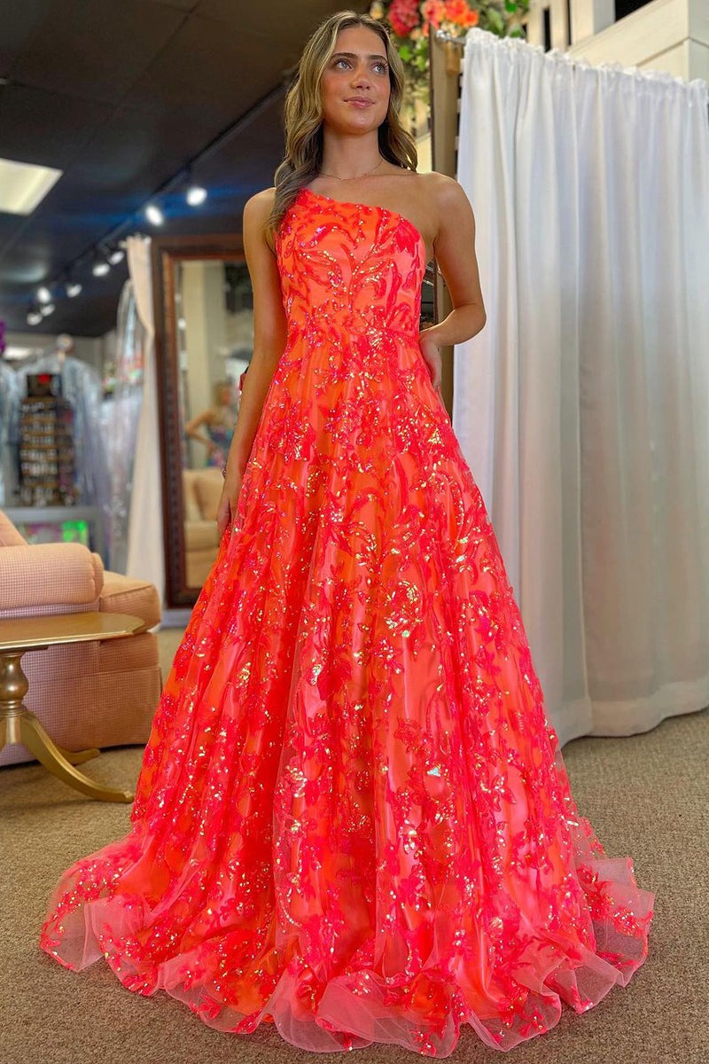 Coral A-Line One Shoulder Lace Long Sequin Prom Dresses,PD2420000