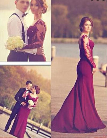 burgundy Prom Dress,long Prom Dress,long sleeves Prom dress,mermaid prom Dress,evening Dress,BD603