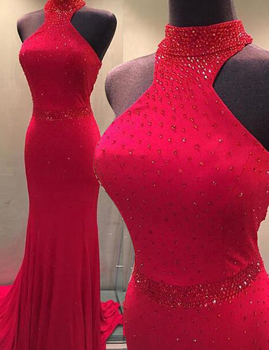 Red Prom Dress,sheath prom dress,long prom dress,formal prom dress,high neck prom dress,BD3002