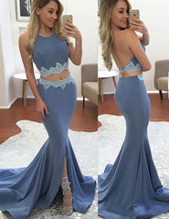 Two Pieces Prom Dresses,Mermaid Prom Dress,Halter Prom Dress,Split Front Prom Dress,Cheap Prom Dress,PD0047