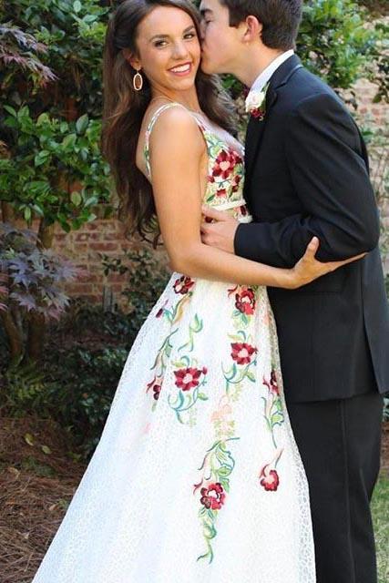 White floral prom dress,long Prom Dress,v neck prom dress,evening dress,PD909