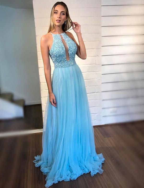 Halter Open Back Long Evening Gown Blue Prom Dress With Beading Keyhole, BH91237