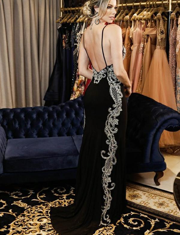 Spaghetti Straps Backless Long Evening Dress With Beading Black Prom Dress, BH91236