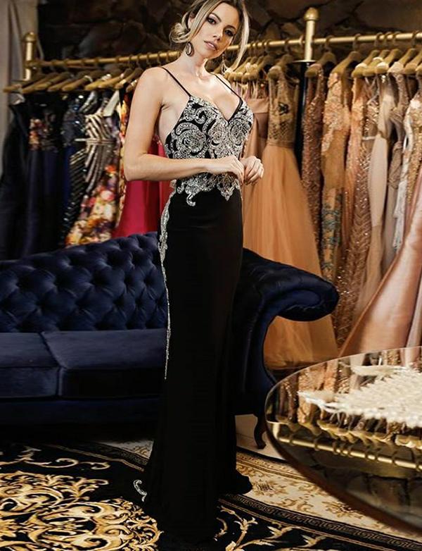 Spaghetti Straps Backless Long Evening Dress With Beading Black Prom Dress, BH91236