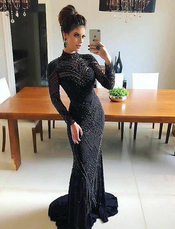 High Neck Open Back Black Prom Dress With Sleeves Beading Evening Gown, BH91235