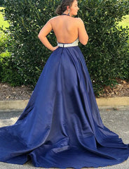 Plus Size V-Neck Long Navy Blue Prom Dress With Beading Evening Dress, BH91233