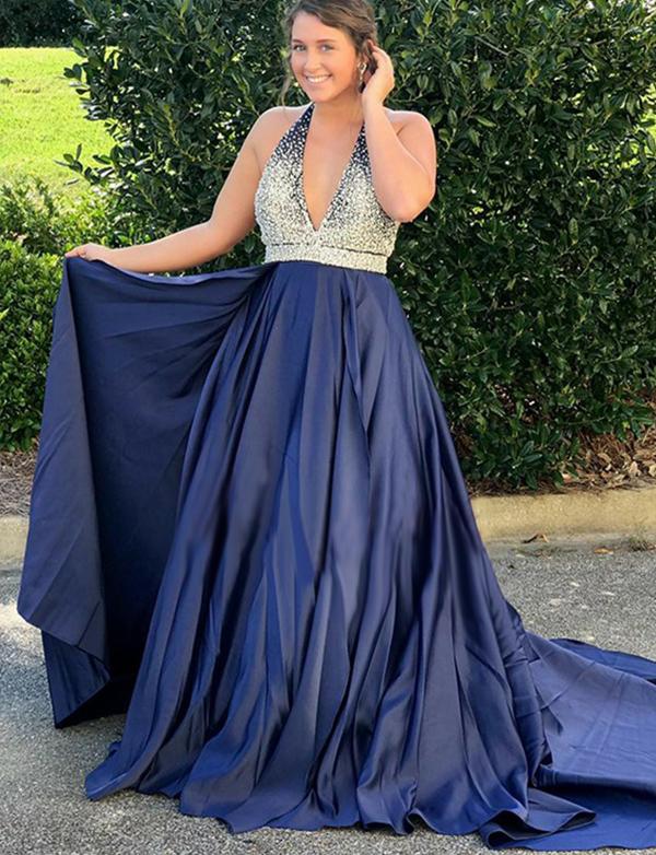 Plus Size V-Neck Long Navy Blue Prom Dress With Beading Evening Dress, BH91233