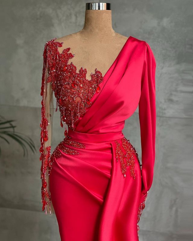 Chic Satin Long Sleeves Ruby Lace Appliques Ruffles Mermaid Prom Dresses,BD22192