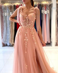 Princess Tulle Coral Pink Split Appliques Lace A-Line Prom Dresses,BD22190