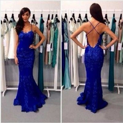 Blue prom Dress,Lace Prom Dresses,Mermaid prom dress,Backless Evening dress,BD040