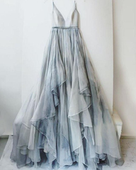 Spaghetti Straps Fluffy Skirt Unique Design Grey Long Prom Dress,HO94