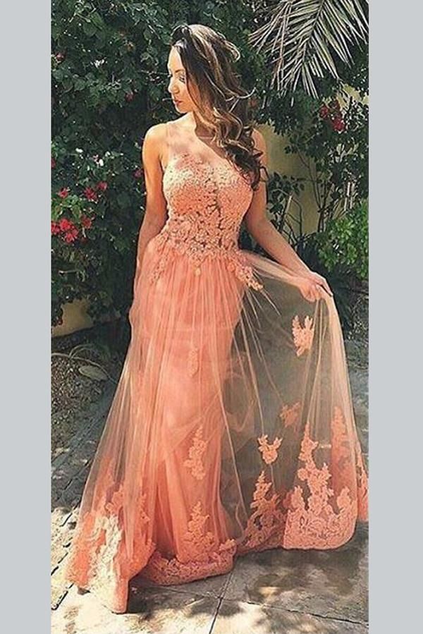 Save Peach A Line Sweep Train Sheer Neck Sleeveless Backless Appliques Prom Dress,Formal Dresses,BD45620