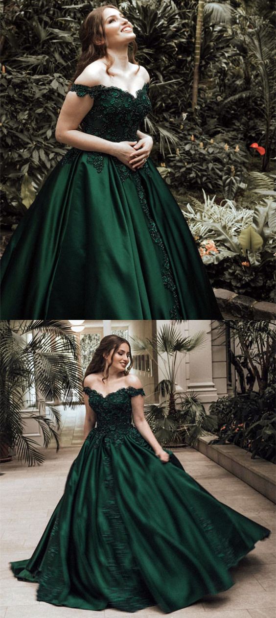 dark green wedding dress,emerald green prom dress,ball gown prom dress,off the shoulder wedding dresses,PD455877