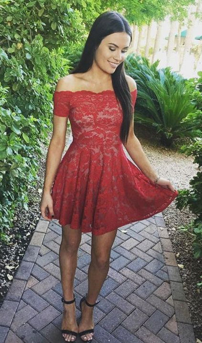 Stylish A-Line Off-Shoulder Red Lace Short Homecoming Dresses,PD455847