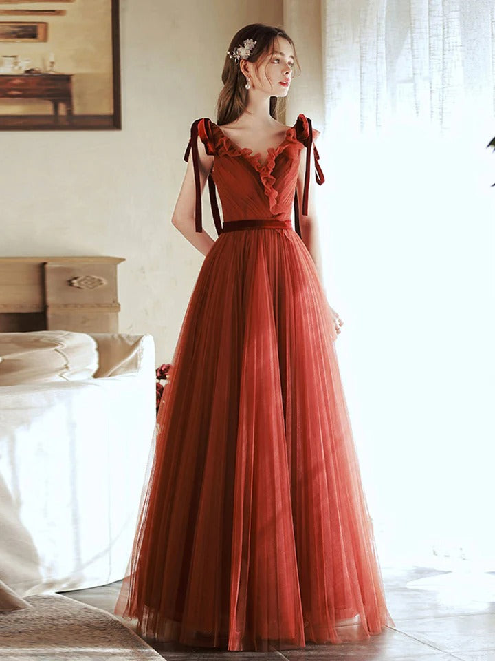 Unique v neck tulle long prom dress, tulle formal dress,BD22230