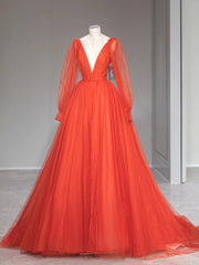 V neck A line orange long prom dress, long sleeves orange evening dress,BD22203