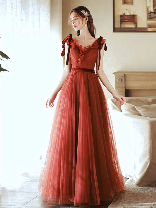 Unique v neck tulle long prom dress, tulle formal dress,BD22230