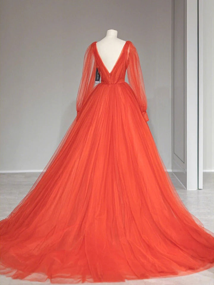 V neck A line orange long prom dress, long sleeves orange evening dress,BD22203