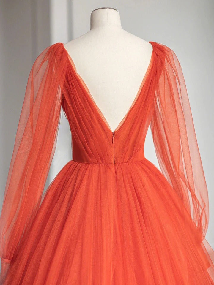 V neck A line orange long prom dress, long sleeves orange evening dress,BD22203