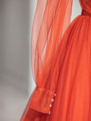 V neck A line orange long prom dress, long sleeves orange evening dress,BD22203