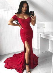 off shoulder side slit formal long red evening dresses,HO101