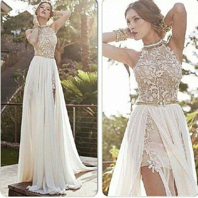 White prom Dress,Charming Prom Dress,Halter prom dress,side slit prom dress,wedding dress,BD023