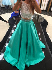 two pieces prom dress,long A-line prom dress,blue prom dress,beaded prom dress,princess evening gown,BD2618