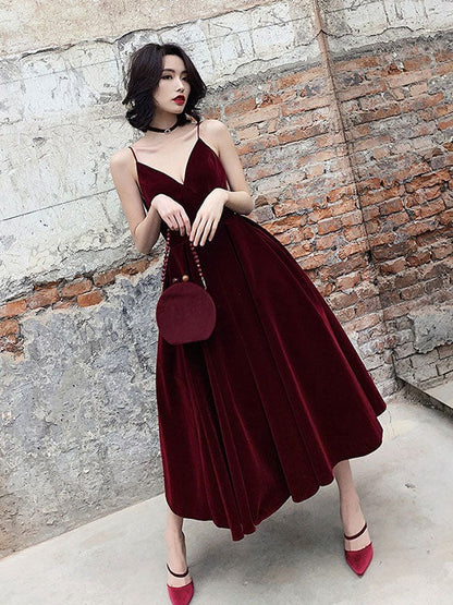 Simple v neck burgundy velvet prom dress, velvet evening dress,BD22266