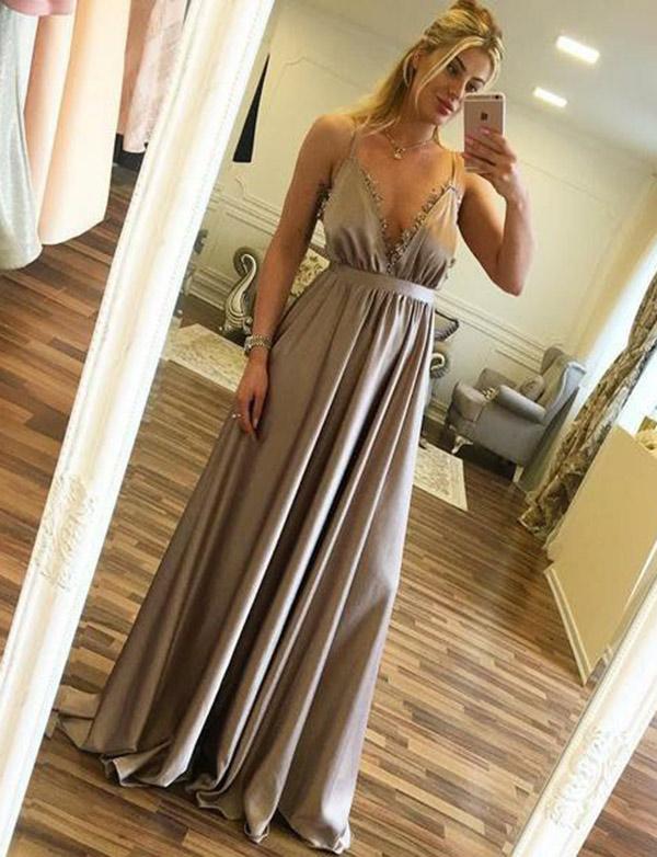 Hot Sexy Simple A Line Spaghetti Straps Satin Long Prom Dresses, BH91232