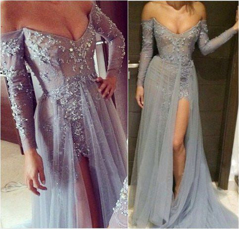 Evening Dress,gray Prom Dress,slit prom dress,long Charming prom dress,BD803