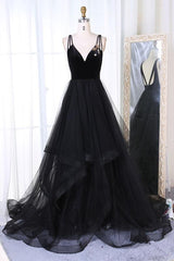 chic black tulle long A-line formal prom dress 2019,HO122